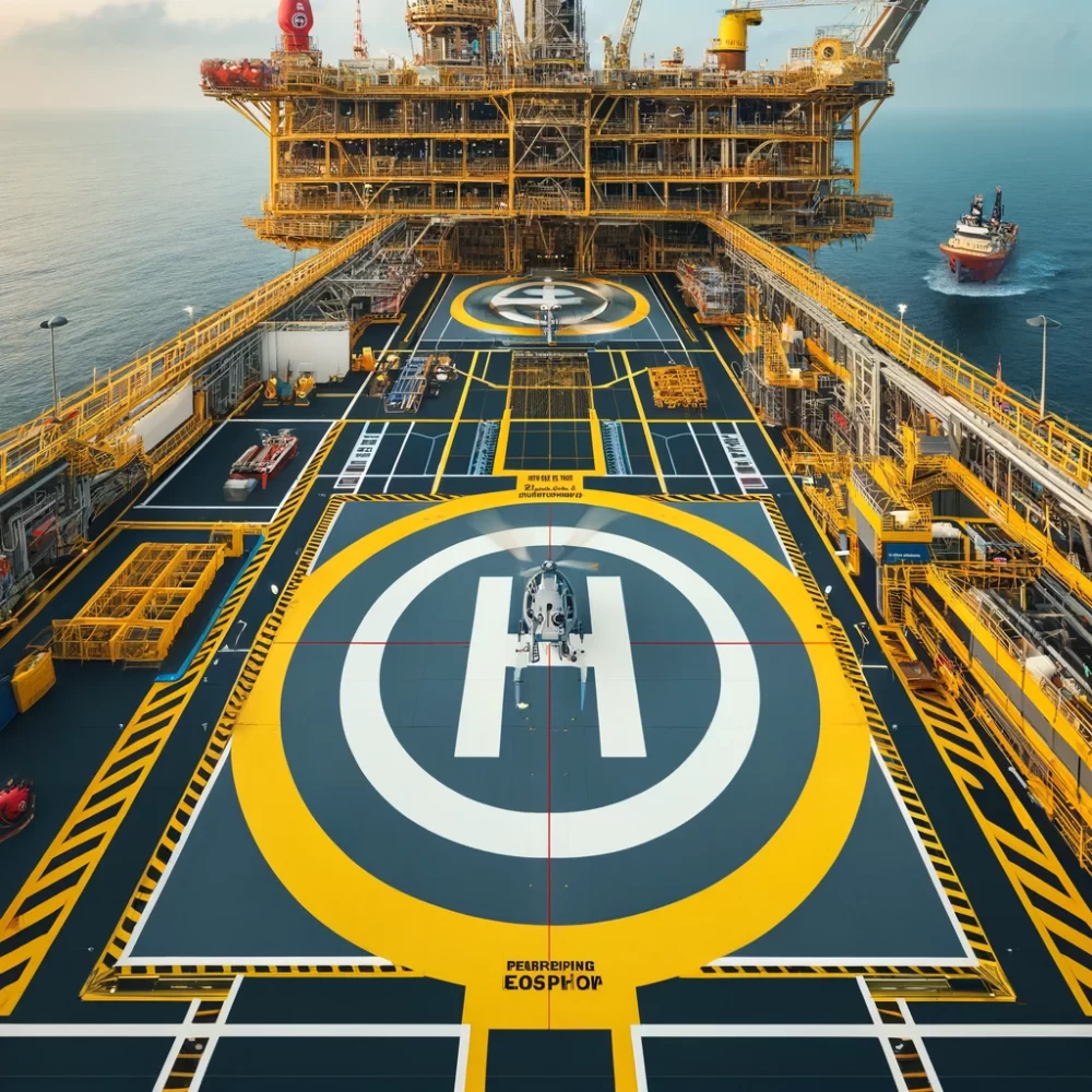 DALL·E 2024-07-18 15.51.00 - An offshore oil platform helideck designed according to CAP437 standards. The helideck is large and clearly marked with a white 'H' inside a yellow ci