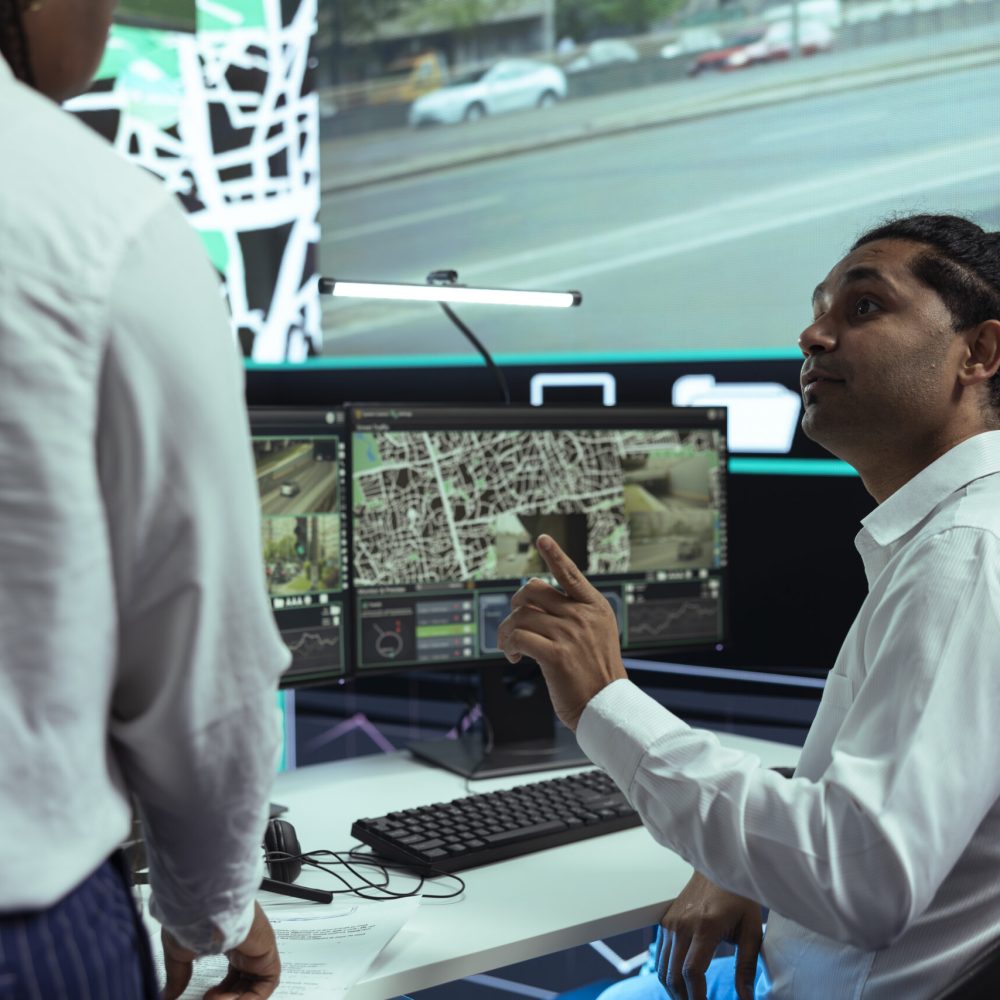 Indian staff consulting his african american supervisor on order tracking information, receiving awb and cargo logistics to trace the courier trucks. Express delivery on satellite navigation.